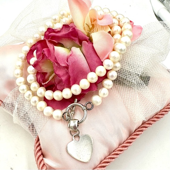 Genuine Pearl Necklace Sterling Silver Heart Pendant Toggle Clasp - Picture 3 of 11